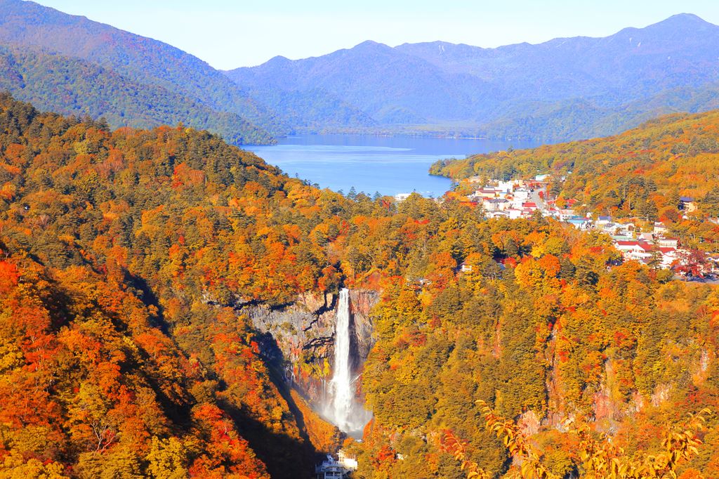 Kegon falls and Chuzenji lake in Autumn Season from Akechidaira observation deck, Nikko, Japan.